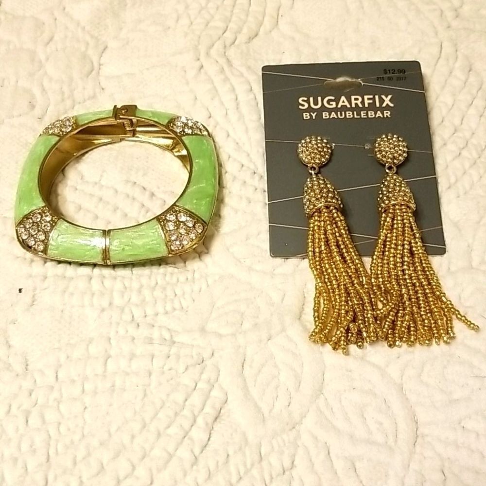 Sugarfix NWT Gold Beaded Tassel Earrings & Green Rhinestone Bracelet Set